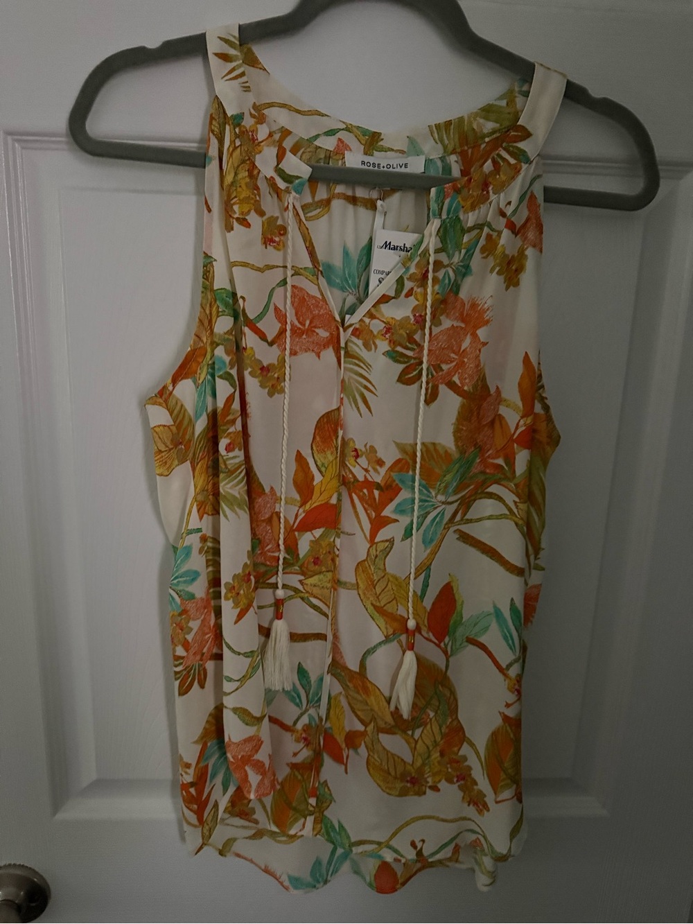 Rose & Olive Cream Floral Tie-Neck Camisole with Orange & Teal Accents